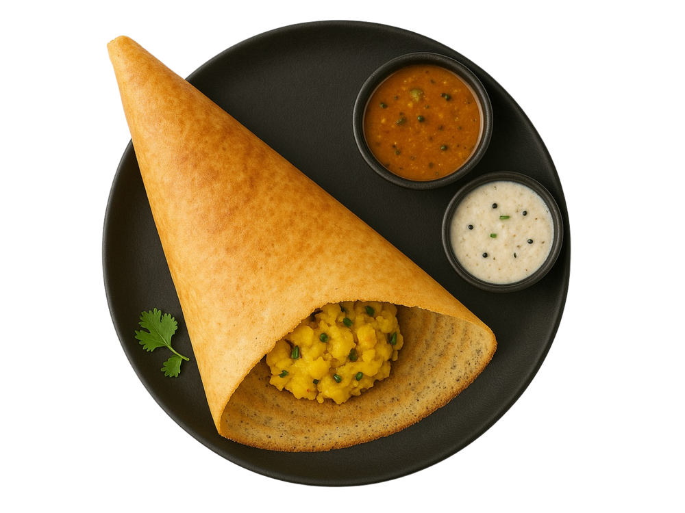 Masala Rice Crepe stuffed with spicy mash potato (Dosa)